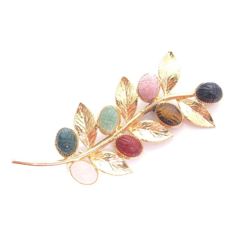 EGYPTIAN REVIVAL VINTAGE‎ SCARAB BEETLE GEMSTONE FLORAL LEAF BROOCH PIN*A848